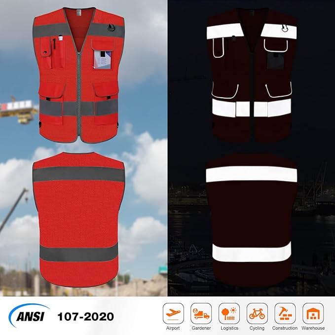 TCCFCCT Mesh Safety Vest for Men Women 9 Pockets High Visibility Reflective Vest for Safety, Work Vest with Reflective Strips, Meets ANSI/ISEA Standards, (Red, X-Large)