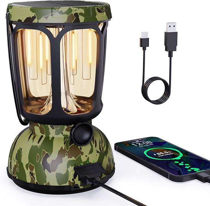 Raynic 6000 LED Camping Lantern, 650LM Hand Crank Solar Battery Powered Rechargeable Lantern, Emergency Lights for Home Power Failure, Hurricane, USB Cable Included