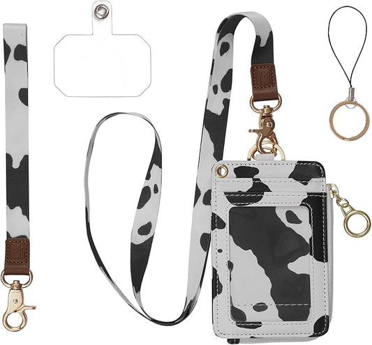 2-in-1 ID Badge Holder & Lanyard Wallet - Multi-Use Womens Small Wallet with Removable Wristlet & Neck Lanyard, Clear Window, 5 Card Slots, Phone Holder, Ring Keychain - Cow