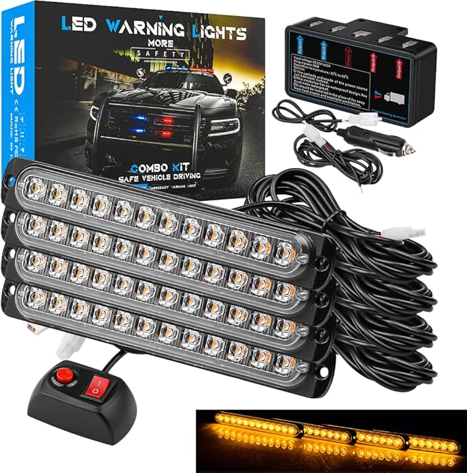 7 Inch LED Warning Safety Flashing Beacon Lights Kit, 4Pcs 12 LEDs Strobe Light Flashing Warning for All 12V-24V Vehicle off-road Truck SUV ATV Forklift Tractor Fire Engine (Amber)