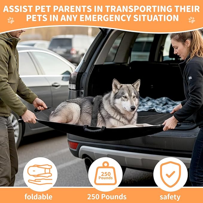 Geiserailie Transport Stretcher for Large Dogs with 6 Handles 47" L x 29" W Animal Folding Emergency Transport Carrier with Safety Strap, Max 250lbs (Black)