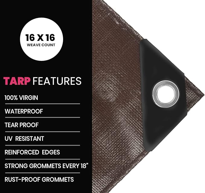 PROTARP Extreme Heavy Duty 22 Mil Tarp Cover, Waterproof, UV Resistant, Rip and Tear Proof, Poly Tarpaulin with Reinforced Edges for Roof, Camping, Patio, Pool, Boat. (Brown/Black 50′ X 70′)