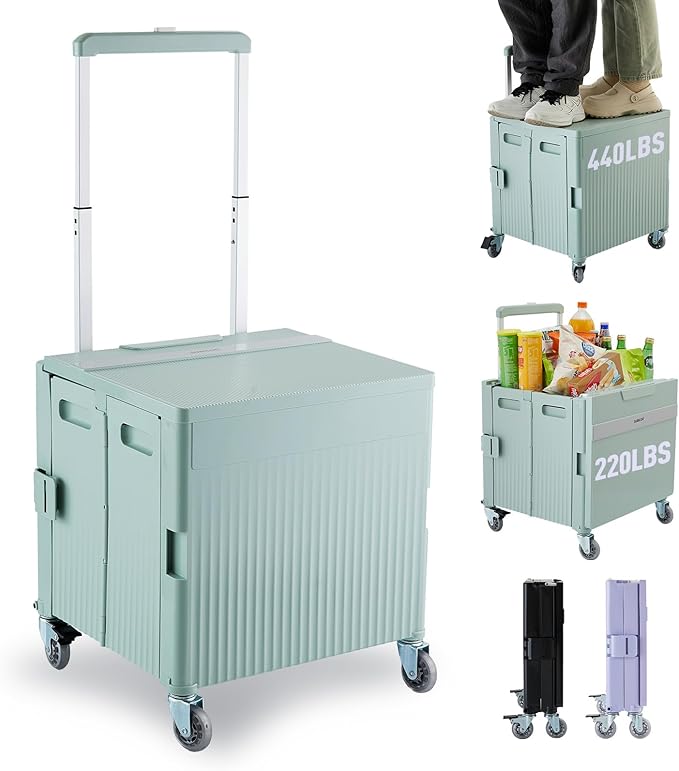 Folding Utility Cart Portable Rolling Crate Handcart Shopping Trolley Collapsible Tool Box, with Lid, on Rotate Wheels, for Grocery, Shopping, Office, Teacher, Camp,File (Green)