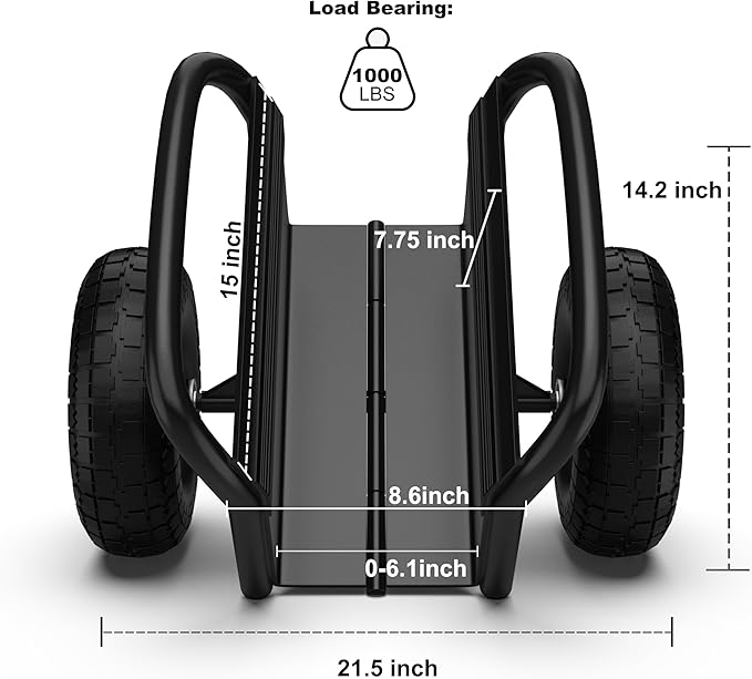 Moving Dolly with Handle, 2 × 10" Heavy Duty Solid Rubber Tires Wheels 1000LBS Load Capacity for Panel/Slab/Plywood/Door/Granite/Drywall Material Handling and More - Black