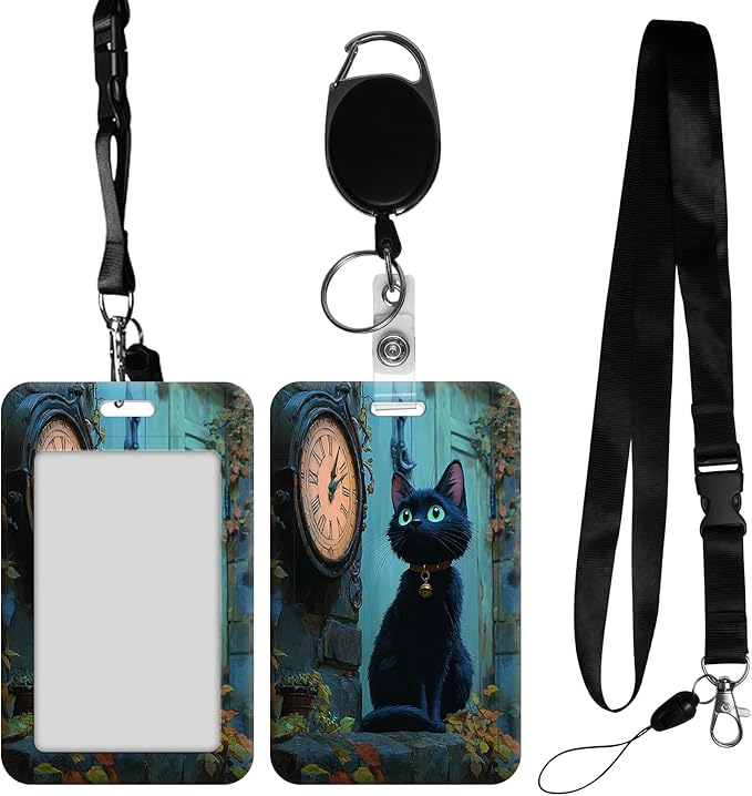 ID Badge Holder with Retractable Lanyard for Women & Men,Vertical ID Card Holder Wallet,Clear Window&Card Slot,Detachable Neck Strap for Nurse Teacher Office,Clock Cat Fantasy