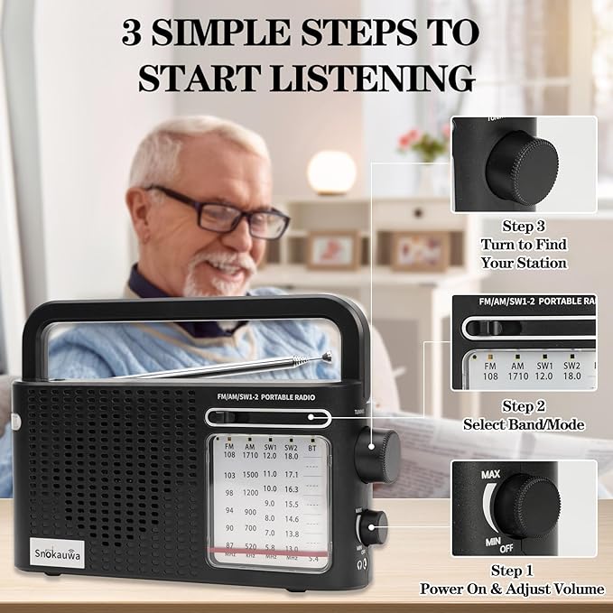 Portable Weather Radio AM FM SW,Wall Plug and Battery Powered,with Bluetooth,Big Speaker,Large Dial,High/Low Tone Mode,Earphone Jack,Flashlight,for Home,Picnic,Gifts for Seniors Elderly