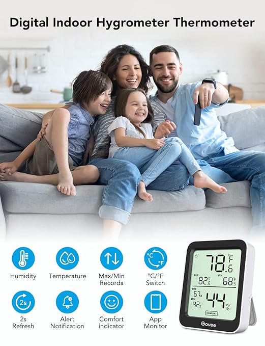 Govee Indoor Hygrometer Thermometer 3 Pack, Bluetooth Humidity Temperature Gauge with Large LCD Display, Notification Alert with Max Min Records, 2 Years Data Storage Export for Room Greenhouse, Black