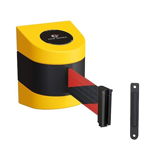 Crowd Control Warehouse - CCW Series WMB-220 Fixed Wall Mount Retractable Belt Barrier - 15 Foot, Black and Red Diagonal Belt with Yellow ABS Case