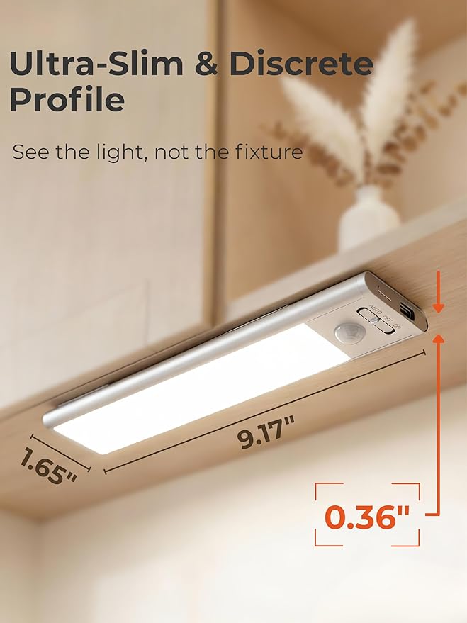 9 inch Under Cabinet Lighting, Cordless Rechargeable Motion Sensor Light Indoor, Magnetic LED Strip, 110 Lumens Stick on Closet Light for Counter, Shelf, Stairs and Pantry (2 Pack)