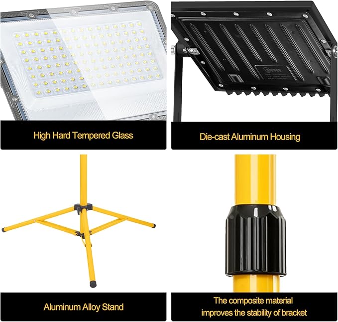 45000 Lumen LED Work Light with Stand, 3-Head Adjustable Lights with 16.5FT Extended Cord, IP65 Waterproof Work Lamp for Indoor & Outdoor Job Sites, Workshops, Construction, Garage Lighting