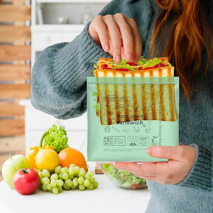 Compostable Sandwich Food Storage Freezer Bags, 80 Count | 2 Mil | 6.5 IN x 5.8 IN, Freshness Easy Open Biodegradable Eco-Friendly Reclosable Compost Zip Bags