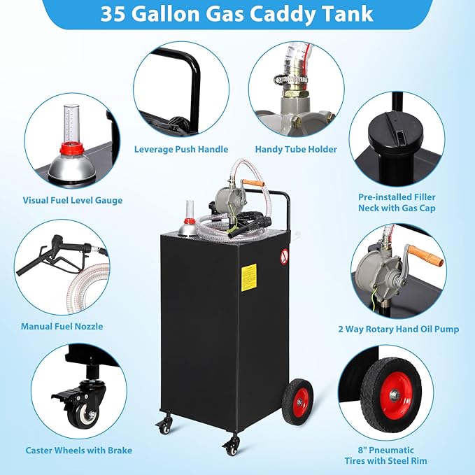 Upgraded 35 Gallon Fuel Caddy, Manual Hand Pump & Easy-Roll Wheels, Heavy-Duty UV-Resistant Steel Tank for Gas & Diesel, Portable Fuel Storage for Tractors, Mowers, Boats
