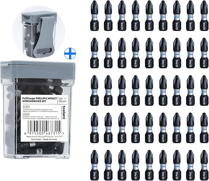 toolant 1 Inch Phillips Bit#2 Magnetic Anti Slip Impact Screwdriver Bits Set,45pcs Insert S2 Steel PH2 Driver Dit Set with CNC Machined Tips for Power Drill
