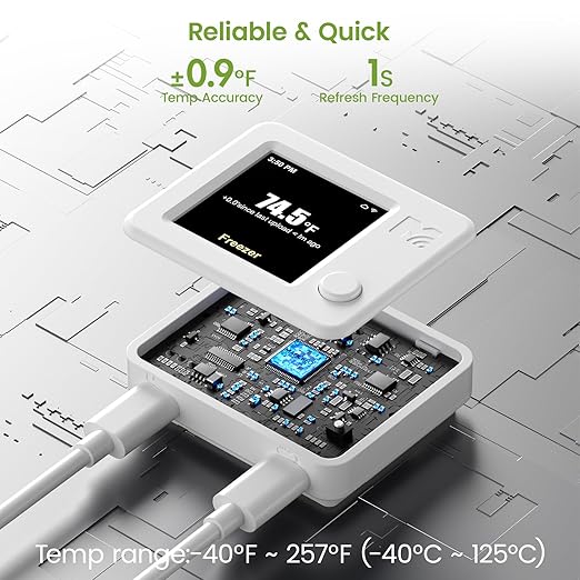 WiFi Refrigerator Thermometer 2 Pack, Freezer Alarm with App & Email Alerts, 2 Years Data Export, Smart Temperature Sensors for Home, Fish Tanks & Hot Tubs (USB Powered, No Battery)
