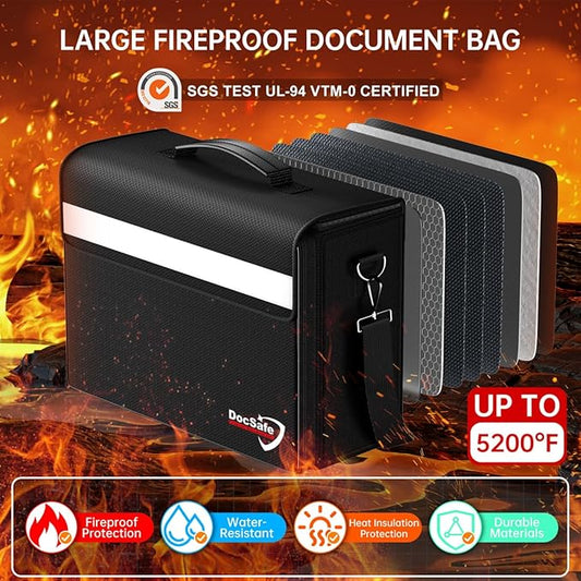 DocSafe Fireproof Document Bag with Multiple Pockets,5200°F Large (17”x12.5”x7.2”) File Organizer Fireproof Waterproof Bag Important Document Holder Home Office Portable Filing Storage for Valuables