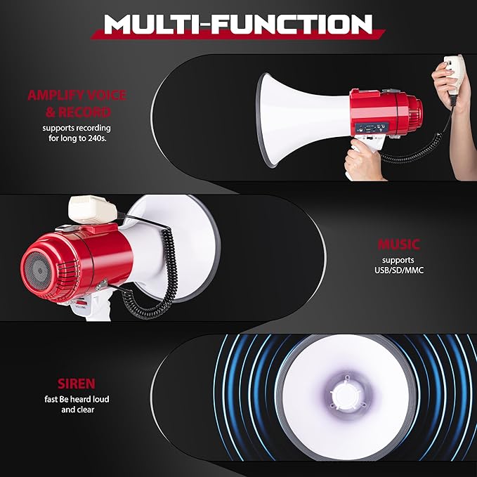 MyMealivos 50W Bluetooth Megaphone with Rechargeable Battery-Professional Bullhorn with Siren&240s Recording Supports USB/SD/3.5mm Aux-1600ft Range for Sports Police Emergency Outdoor Activities