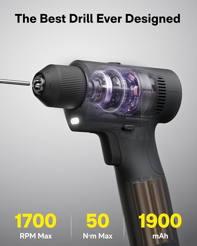 HOTO 25PCS Household Tool Kit with 16V Brushless Drill, Smart Display, 50 N·m Torque, 32 Torque Settings, USB-C Charging, LED Light, Includes Hammer, Wrench, Pliers, 8 x Drill Bits, 10 x Bits