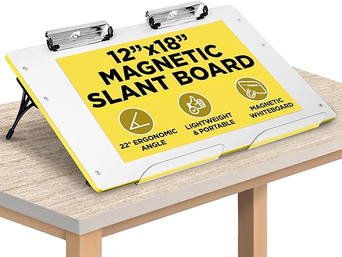 Slant Board for Writing – Adjustable Magnetic Whiteboard & 22° Angle Ergonomic Desk for Reading, Writing, Drawing and Studying – Portable Tabletop Stand for Students & Teachers - Yellow