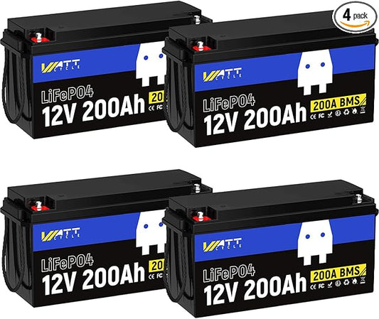 12V 200Ah LiFePO4 Lithium Battery, Built-in 200A BMS, EVE A+ Rated Cells, Low Temperature Protection, 15,000+ Cycles, Ideal for Trolling Motors, Yacht, Marine, Boat, RV, Home Energy (4 PACK)