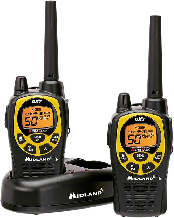 Midland GXT1030VP4 GMRS Two-Way Radio (50-Channel, Long Range, 142 Privacy Codes, SOS, NOAA, Rechargeable Nickel Battery, Black/Yellow, 2-Pack)