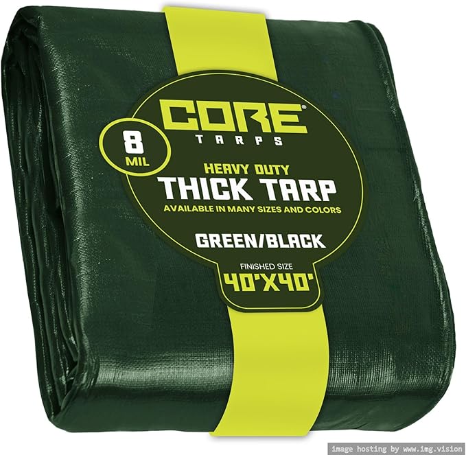 Core Tarps Heavy Duty 8 Mil Tarp Cover, Waterproof, UV Resistant, Rip and Tear Proof, Poly Tarpaulin with Reinforced Edges for Roof, Camping, Patio, Pool, Boat. (Green/Black 40′ X 40′)