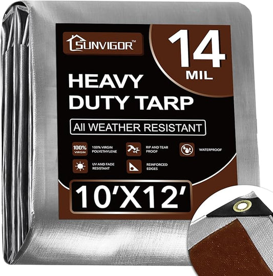 Sunvigor Tarp Waterproof 10x12Ft, Heavy Duty Tarp Cover Extra Thick 14 Mil Tear and UV Resistant, Outdoor Tarps with Grommets and Reinforced Edges for Roof, Camping, Patio, Pool, Boat (Silver/Brown)