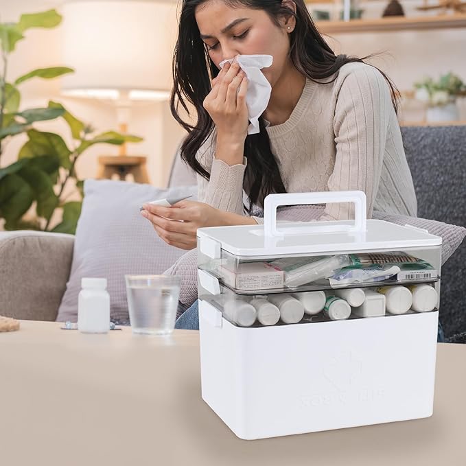 Ramddy 3-Tier Medicine Storage Box, Plastic Family First Aid Box with Handle, White, 1-Pack
