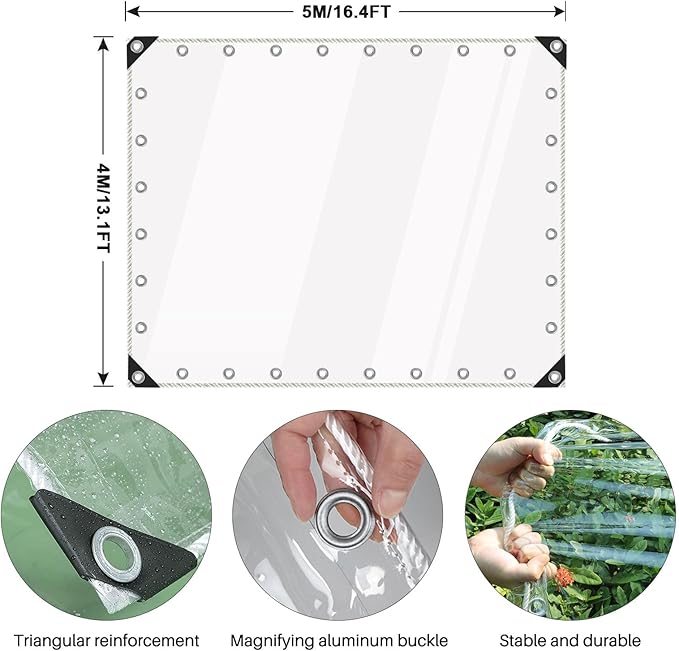 Clear Tarps Heavy Duty Waterproof, Transparent PVC Vinyl Tarpaulin with Grommets, Ropes, Reinforced Edge, Tear-Resistant, Anti-UV for Greenhouse, Patio, Garden, Porch, Pavilion, Outdoor