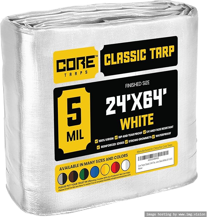 Core Tarps Classic 5 Mil Tarp Cover, Waterproof, UV Resistant, Rip and Tear Proof, Poly Tarpaulin with Reinforced Edges for Roof, Camping, Patio, Pool Cover, Boat (White 24′ X 64′)
