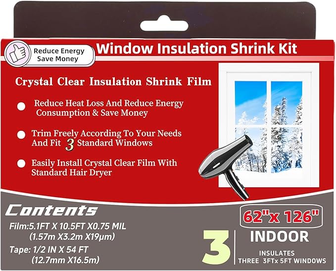 3-Window Shrink Film Window Insulation kit（62-Inch x 126-Inch），Insulating Film Window Kit Keeps Cold Air Out and Warm Air in (3 Windows)