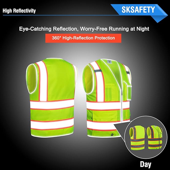 SKSAFETY 10 Pockets Safety Vest, Class 2 High Visibility Security with Zipper, Hi Vis Vest with Reflective Strips, ANSI/ISEA Standard, Construction Work Vest for Men ＆ Women （Lime, M）