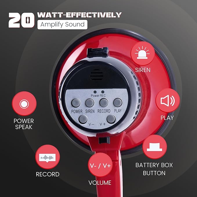 MyMealivos Portable Megaphone Bullhorn 20 Watt Power Megaphone Speaker Voice and Siren/Alarm Modes with Volume Control and Strap (Red)