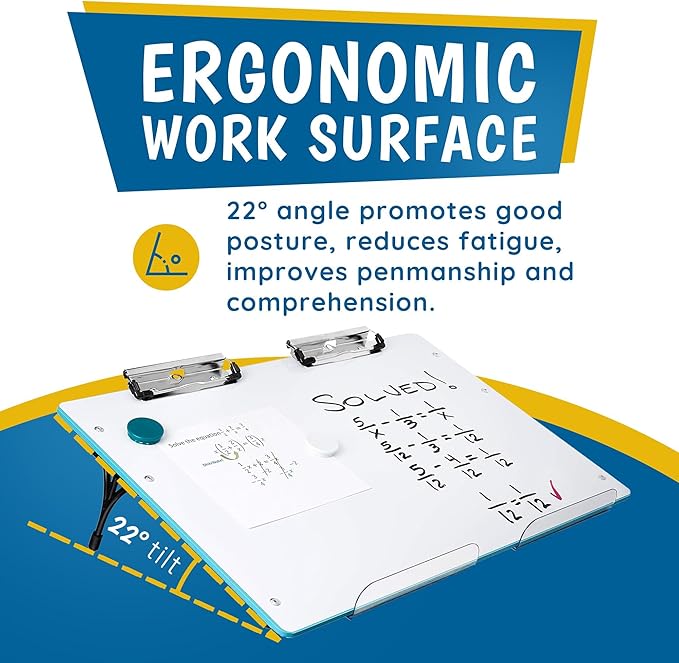Slant Board for Writing – Adjustable Magnetic Whiteboard & 22° Angle Ergonomic Desk for Reading, Writing, Drawing and Studying – Portable Tabletop Stand for Students and Teachers - Blue