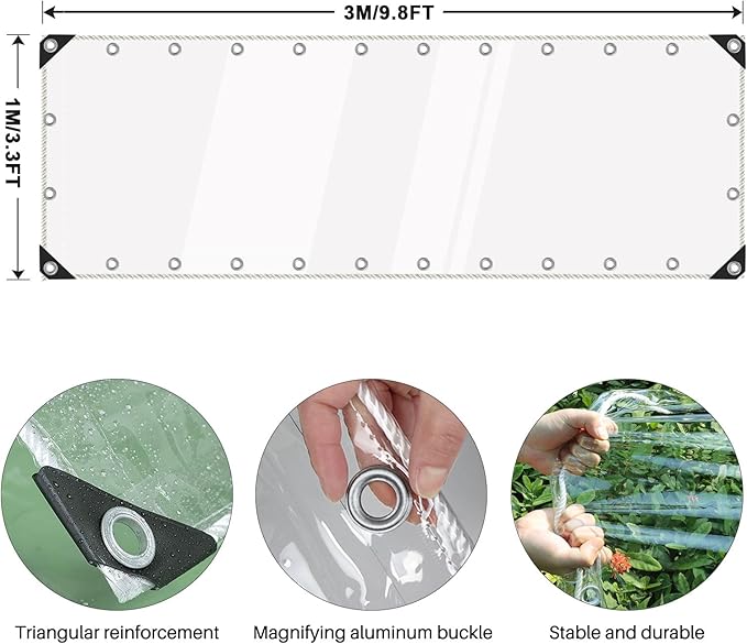 Clear Tarps Heavy Duty Waterproof, Transparent PVC Vinyl Tarpaulin with Grommets, Ropes, Reinforced Edge, Tear-Resistant, Anti-UV for Greenhouse, Patio, Garden, Porch, Pavilion, Outdoor