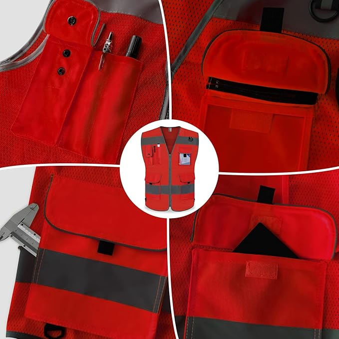 TCCFCCT Mesh Work Vest for Men Women 9 Pockets High Visibility Safety Vest with Reinforced Sewing, Hi Vis Reflective Vest for Workers, Surveyors, Meets ANSI/ISEA, (Red, 4X-Large)