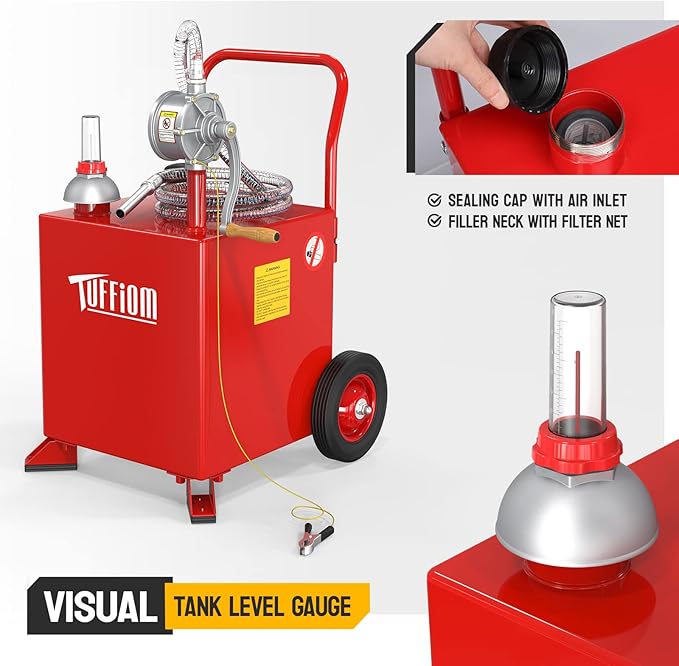 TUFFIOM 15 Gallon Fuel Gas Caddy w/Wheels & Manual Siphon Pump, Portable Diesel Fuel Transfer Storage Tank w/8.9ft Hose, Gasoline Can Container for ATV Car Mowers Tractor Boat Motorcycle