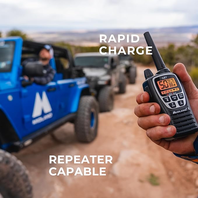 Midland GXT3000 GMRS Two-Way Radio (50-Channel, Repeater Capable, Long Range, 142 Privacy Codes, SOS, NOAA, Rechargeable Lithium Ion Battery, Black/Silver, 2-Pack)
