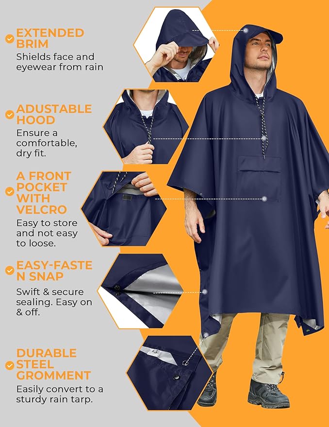 COOFANDY Rain Poncho for Adults with Hood Pockets Reusable Waterproof Packable Rain Coat Jacket Travel Hiking Emergency