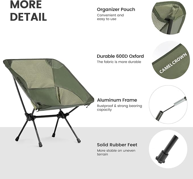 CAMEL CROWN Portable Camping Chair Lightweight Compact Folding Chair Mesh for Outdoor Camp Travel Beach Picnic Festival Hiking Backpacking Army Green