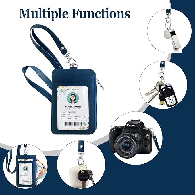 bolimoss 2-in-1 ID Badge Holder & Lanyard Wallet, Leather ID Badge Card Holder Wallet with 5 Card Slots, 1 Side Zipper Pocket,Detachable Keychain Lanyards for Office Worker School Teacher, Navy Blue