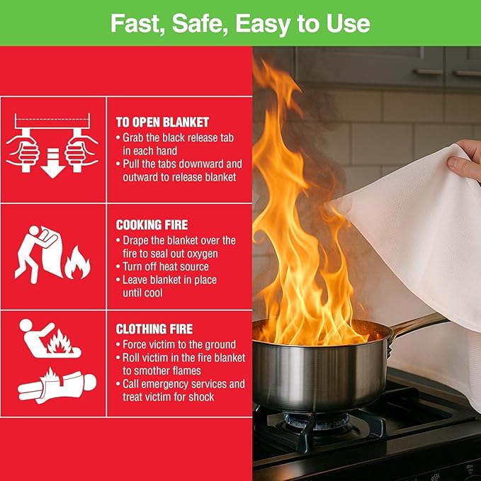 5-Pack Emergency Fire Blanket - ASTM Certified Fire Suppression Blanket for Home, Kitchen, Grill, Camping, Car & More - 40" x 40" Flame Retardant Fabric, No Mess, Easy Deployment