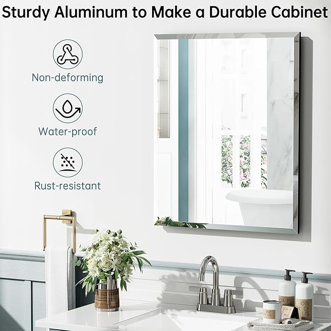 20" x 26" Metal Framed Medicine Cabinet, Bathroom Medicine Cabinet with Mirror, Adjustable Shelves, Tempered Glass Design, Recessed Mirrored Medicine Cabinets for Storage,Black