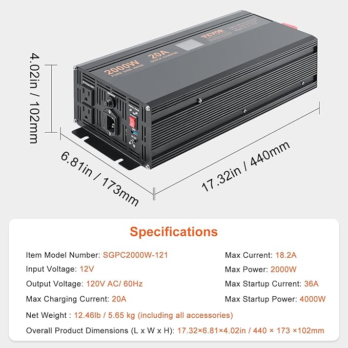VEVOR 2000W Sump Pump Battery Backup with LCD, Automatically Shifts to Inverter Power Ensuring Uninterrupted Operation, Essential for Emergencies & Power Failures