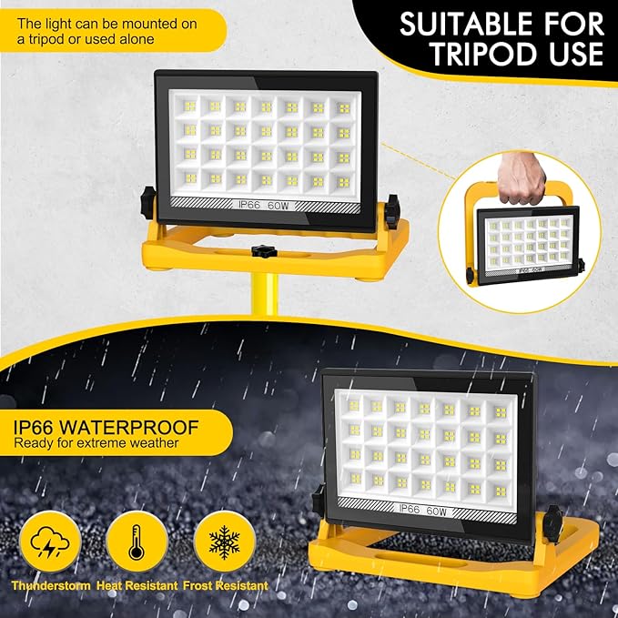 60W 6000LM LED Work Light with Stand, 13ft Cord & Magnetic Base, IP66 Waterproof Portable Flood Light, 3 Modes with Memory, Hook for Workshop, Construction, Outdoor