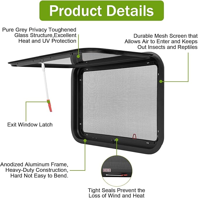 30"x22" RV Emergency Exit Window - DOT-Certified Tempered Glass, Security Lock, Waterproof Aluminum Frame w/Mesh Screen (Fits 1"-1.77" Walls, Complete Kit)