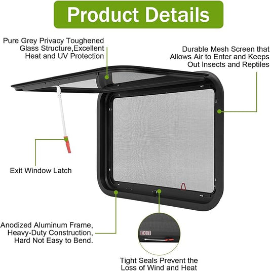30"x22" RV Emergency Exit Window - DOT-Certified Tempered Glass, Security Lock, Waterproof Aluminum Frame w/Mesh Screen (Fits 1"-1.77" Walls, Complete Kit)