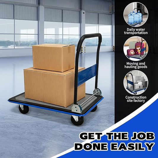 660lbs Large Size Heavy Duty Blue Flatbed Cart, Foldable Steel Platform Dolly with 360° Swivel Wheels, Silent Utility Push Hand Truck for Warehouse & Home