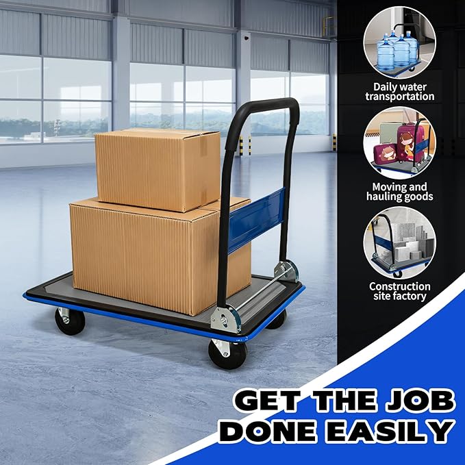Blue Folding Platform Hand Truck 330 lbs Capacity, Heavy Duty Flatbed Dolly with 360° Swivel Silent Wheels, Foldable Steel Push Cart for Warehouse, Office, and Home Storage