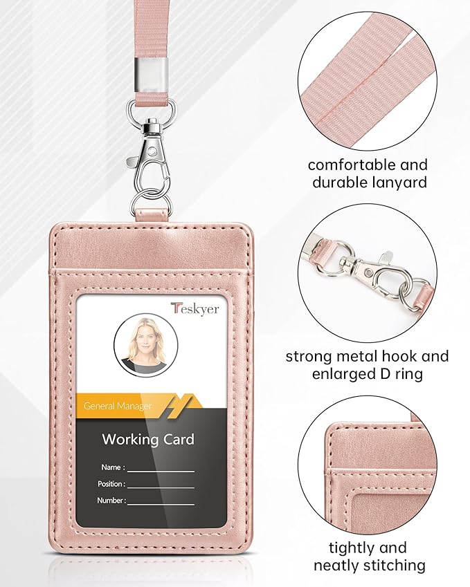 Teskyer Lanyards for ID Badges, Leather ID Badge Holder for Work School IDs, Cruise Ship Cards, Hotel Key Cards, Pass Cards - Rose Gold