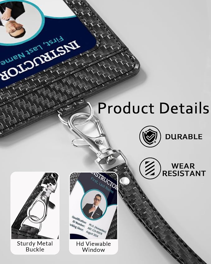 Carbon Fiber Work ID Card Holder with Lanyard is a Stylish and Durable Card Holder with Dual Card Capacity, Clear Display Window and Privacy Back Pocket (Black Customized)